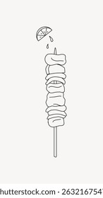 Minimalist illustration of a skewer with meat slices and a lemon wedge. Simple skewer design with lemon, showcasing a clean, artistic style. Line art illustration vector.