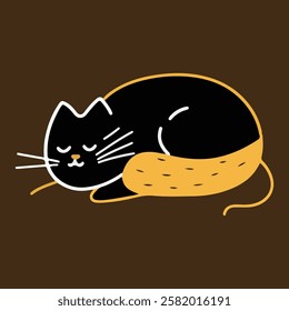 A minimalist illustration of a sleeping cat, featuring a black body with a yellow tail. The cat has closed eyes and a relaxed posture, set against a brown background.
