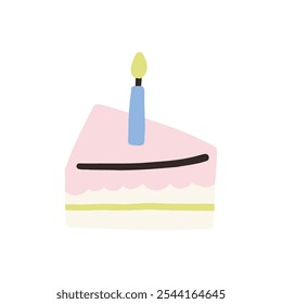 Minimalist illustration of a slice of cake with a blue candle, perfect for celebrating birthdays or special occasions. Simple and playful design on a white background