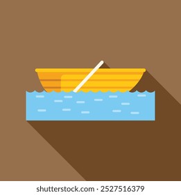 Minimalistische Illustration eines kleinen Holzbootes, das auf Wasser schwimmt, mit einem einzigen Ruder und einem langen Schatten