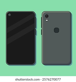 Minimalist illustration of a smartphone showing both front and back views. The sleek design includes a black screen, rear camera, fingerprint sensor, and matte finish, set against a green background 