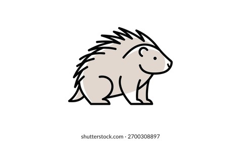Ilustração minimalista de um porco-espinho sorridente, definida com linhas pretas grossas e uma paleta de cores neutras contra um fundo branco