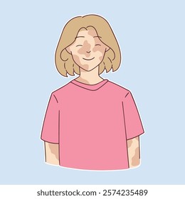 Minimalist illustration of a smiling woman in a pink t-shirt, radiating positivity, drawn in soft pastel colors on a simple background