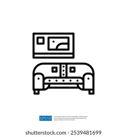 A minimalist illustration of a sofa with a picture frame above it, representing a cozy living space.