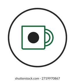Uma ilustração minimalista de uma caneca quadrada com um círculo central, incorporando um design limpo e moderno. O gráfico é contornado em verde em um pano de fundo branco, oferecendo um simples, mas atraente