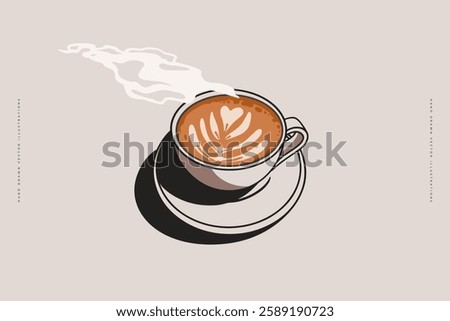 Minimalist illustration of a steaming cup of coffee with latte art on a saucer. Perfect for coffee shops, menus, or modern decor with a warm and inviting aesthetic.