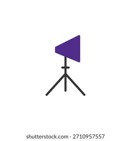 Una ilustración minimalista de una configuración de luz de estudio, con un reflector triangular sobre un soporte de trípode, sobre un fondo blanco limpio. El diseño enfatiza las Formas geométricas, creando un