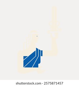 Minimalist illustration of a stylized figure holding a sword. The figure is abstract, with a blue robe and a simple, geometric design. Vintage style art drawing, isolated vector element.