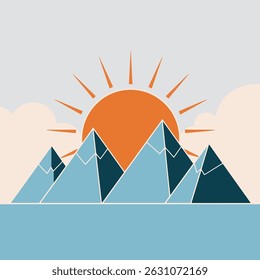 A minimalist illustration of the sun rising behind sharp mountain peaks, casting orange hues