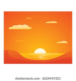 Minimalist illustration of the sun setting over the sea, with an orange sky and clouds reflecting on the water