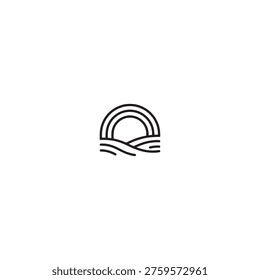 Minimalist illustration of a sun setting over ocean waves, a serene symbol of beauty, nature, and tranquility, suitable for peaceful designs, line art, sunset symbol.
Single line Rainbow over Hills icon flat vector design.