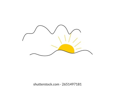 minimalist illustration of a sunrise behind mountains, drawn with simple lines and a bright yellow sun.