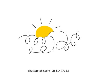minimalist illustration of a sunrise behind mountains, drawn with simple lines and a bright yellow sun.