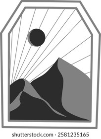 Minimalist illustration of sunrise over majestic mountain silhouette. Perfect for morning, nature, or adventure designs.