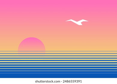 Minimalist Illustration of a Sunset Over the Ocean With a Seagull Flying. seascape in retro style for poster, banner, card, cover design. pink, yellow, blue colors