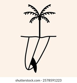 Minimalist illustration of a surfboard with a fin, partially submerged in water, perfect for beach, surf, or summer-themed designs. Clean lines and simple aesthetic.