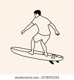 Minimalist illustration of a surfboard with a fin, partially submerged in water, perfect for beach, surf, or summer-themed designs. Clean lines and simple aesthetic.