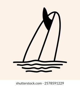 Minimalist illustration of a surfboard with a fin, partially submerged in water, perfect for beach, surf, or summer-themed designs. Clean lines and simple aesthetic.