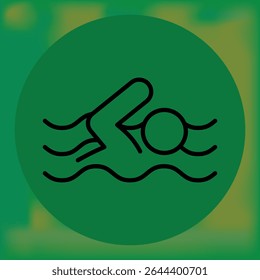 Minimalist illustration of a swimmer in motion with water waves, set within a green circular background—ideal for swimming, aquatic sports, or fitness themes.
