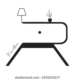 A minimalist illustration of a table creatively designed to form the letter "R" with lamp and vas on the table