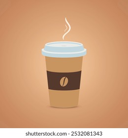 A minimalist illustration of a takeaway coffee cup with a steaming lid and a coffee bean logo on the sleeve. making it perfect for cafe promotions, coffee shops and food branding.