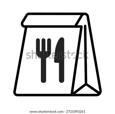 A minimalist illustration of a takeout bag featuring a fork and knife icon.
