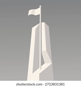 Uma ilustração minimalista de um monumento alto e angular coberto com uma bandeira branca acenando contra um fundo cinza claro.