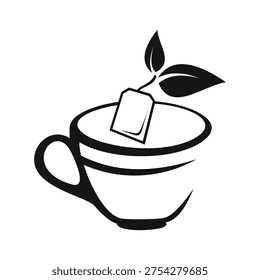 A minimalist illustration of a teacup containing a tea bag with a leafy stem