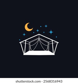 A minimalist illustration of a tent under a crescent moon and stars, evoking a serene night camping scene