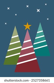 Ilustración minimalista de tres árboles de Navidad geométricos con una estrella brillante que brilla sobre ellos contra un fondo azul oscuro. Plantilla de Vector