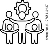 A minimalist illustration of three people working together with a gear