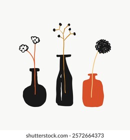 Minimalist illustration of three vases with flowers. Black and orange vases with simple flowers. Artistic, minimalist, and modern design of vases and flowers. Aesthetic vector illustration isolated.