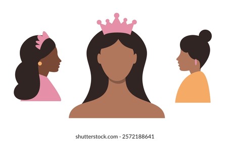 Minimalist illustration of three women in side and front views, featuring crowns and earrings, on a white background, symbolizing elegance