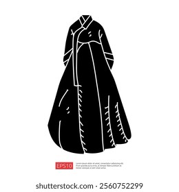 A minimalist illustration of a traditional dress, showcasing a flowing silhouette and elegant design, emphasizing cultural attire.