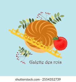 Minimalist illustration of a traditional Galette des Rois with a golden crown, symbolizing the French Epiphany celebration. Perfect for festive designs, cultural events, and holiday-themed visuals