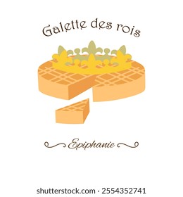 Minimalist illustration of a traditional Galette des Rois with a golden crown, symbolizing the French Epiphany celebration. Perfect for festive designs, cultural events, and holiday-themed visuals