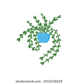 Uma ilustração minimalista de uma planta rasteira com folhas verdes em forma oval em um pote azul, ideal para decoração, natureza e temas botânicos