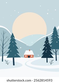 A minimalist illustration of a tranquil winter scene featuring snow-covered rolling hills, tall evergreen trees, and a cozy cabin with a snow-capped roof. The warm glow of a large sun rises in the pal