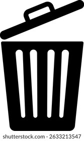 A minimalist illustration of a trash can with a slightly ajar lid, depicted in solid black against a white background.  The design is simple and easily recognizable.