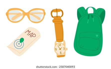 Minimalist illustration of travel essentials, including a backpack, map, sunglasses, and a wristwatch, perfect for adventure-themed designs, travel blogs, and vacation planning