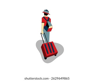 Minimalist illustration of a traveler walking with luggage, wearing a hat and backpack. Modern flat design perfect for travel concepts, tourism, or vacation themes