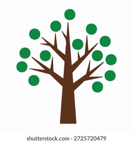 Uma ilustração minimalista de uma árvore com um tronco marrom e galhos. Círculos verdes, representando folhas ou frutos, estão espalhados pelos ramos, criando um design visualmente simples, mas atraente. O fundo é branco puro.