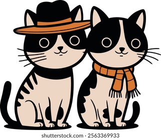 Minimalist Illustration of Two Adorable Cats with Tiny Accessories