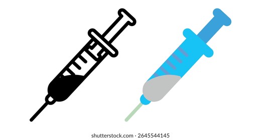 Ilustração minimalista de duas seringas - uma em contorno preto, a outra preenchida com azul e cinza - ideal para temas de design médicos, de injeção ou relacionados à vacinação.