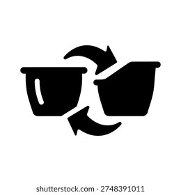 A minimalist illustration of two buckets with arrows indicating exchange or swap, symbolizing transfer or trade, in a simple black and white design.