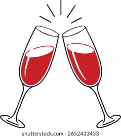 A minimalist illustration of two champagne glasses filled with red liquid, clinking together in a toast. The simple outline style and vibrant red color evoke celebration and joy.