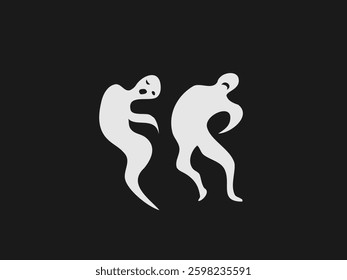 A minimalist illustration of two ghostly figures in white against a black background
