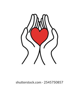 Minimalist illustration of two hands cupping a red heart, symbolizing protection, care, and nurturing. The simple line art style on a white background emphasizes warmth and support.