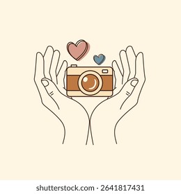 Minimalist illustration of two hands gently holding a vintage camera with floating heart icons, symbolizing love for photography.