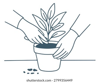 A minimalist illustration of two hands planting a small leafy plant into a pot with scattered dirt clods on a white background. Doodle